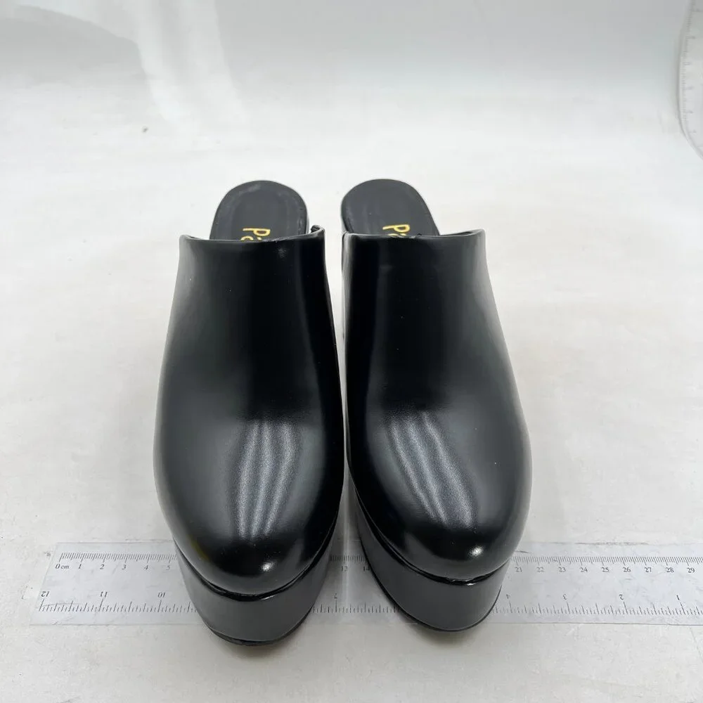 Pazzion Black Thick Platform Round Toe Clog Mule Slip On Block High Heel Slipper